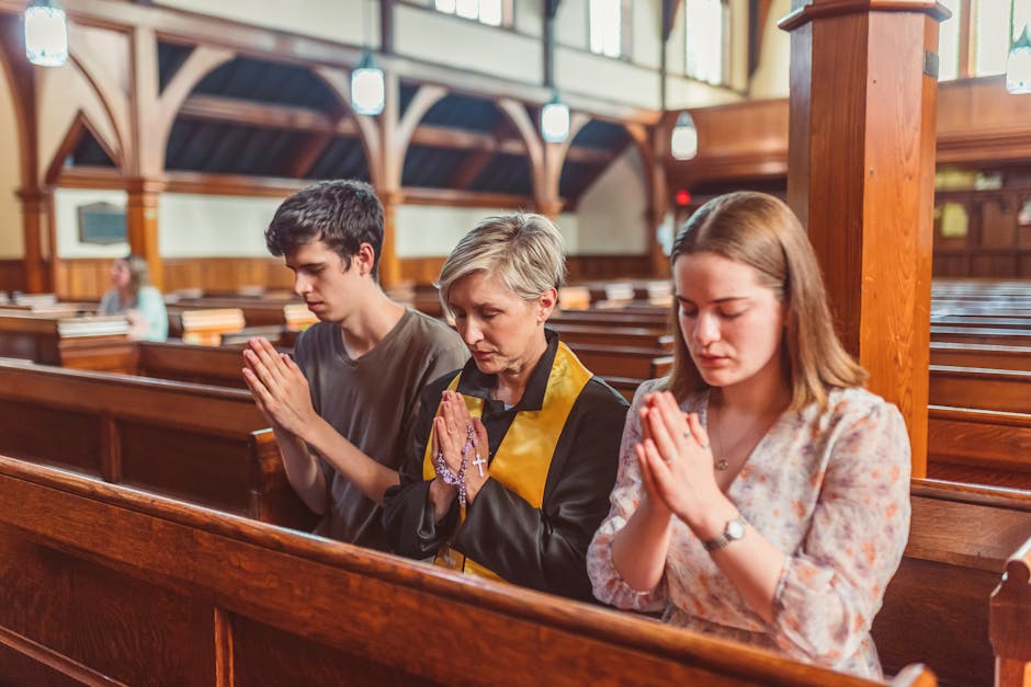 Adults praying serene interior
