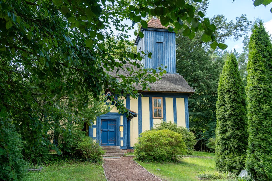 Colorful wooden building greenery