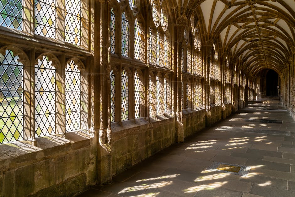 Sunlit gothic cloister windows