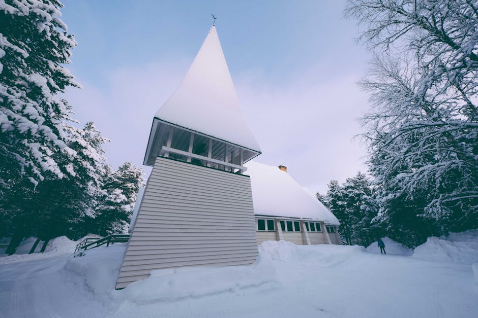 Modern chapel snowy landscape