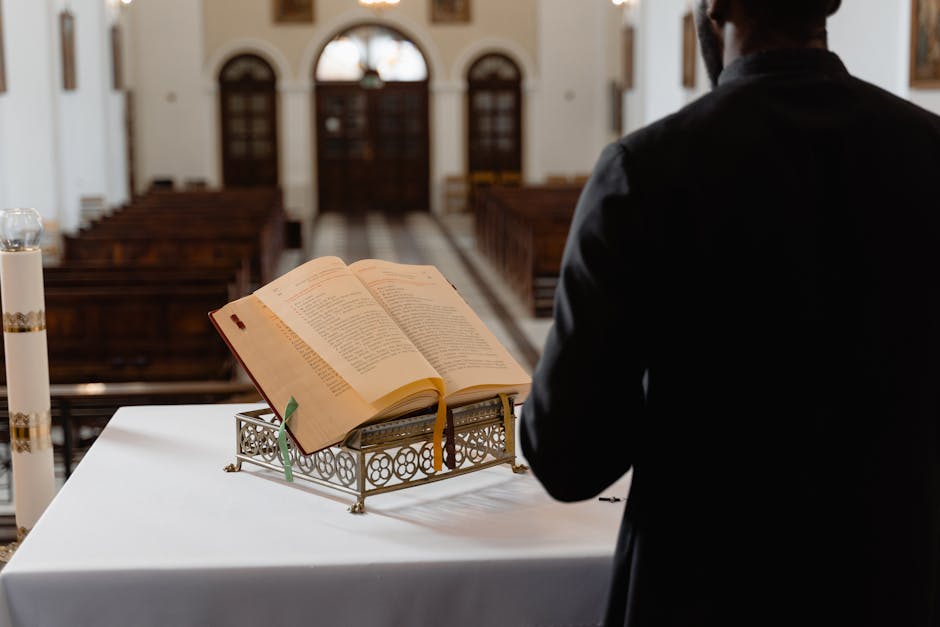 Priest reading bible serene interior