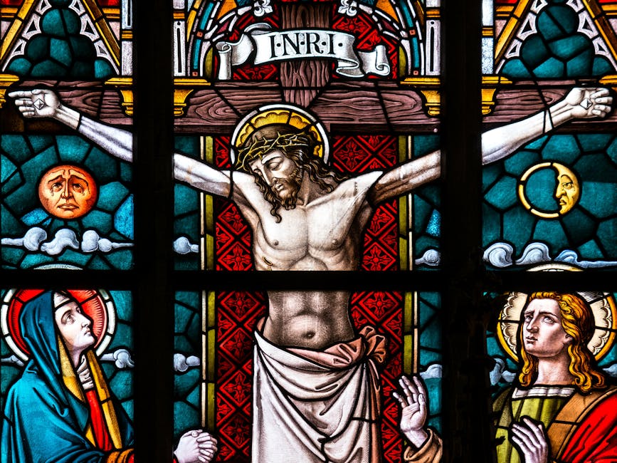 Stained glass crucifixion scene