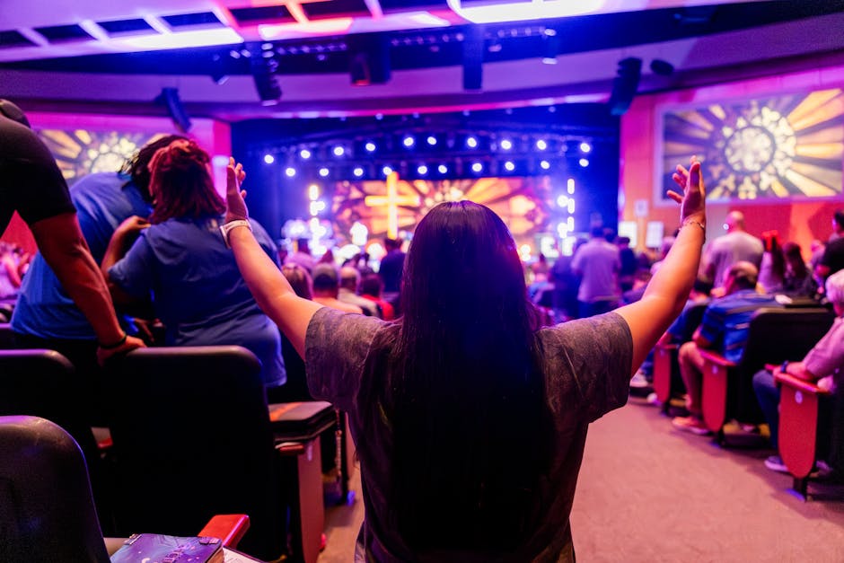 Worship service with colorful lights